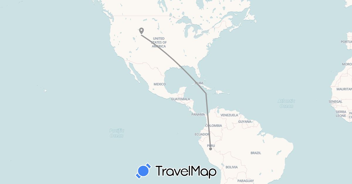 TravelMap itinerary: driving, plane in Jamaica, Peru, United States (North America, South America)